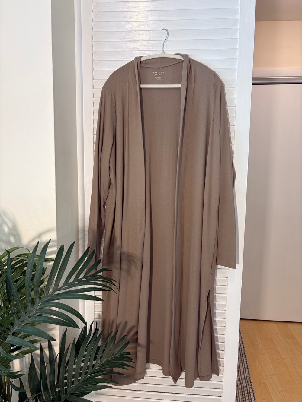 Cozy American Eagle Outfitters Long Open-Front Cardigan in Taupe